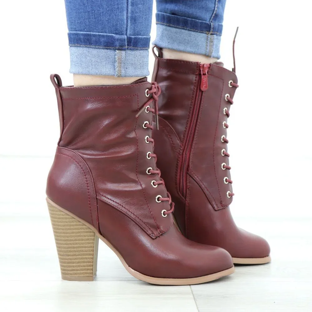Lace-Up Block Cone High Heeled Ankle Boots Synthetic Leather - Picture 5 of 15